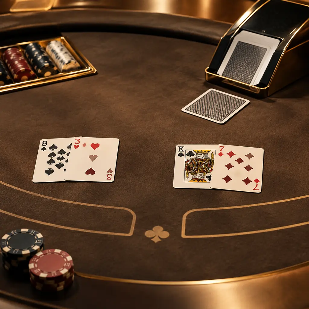 Kartu dan cip pada dua sisi meja baccarat