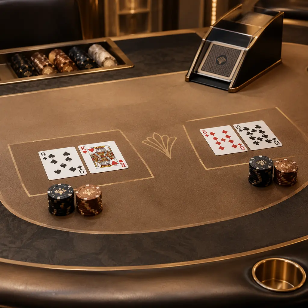 Sepatu kartu dan dua area kartu pada meja baccarat