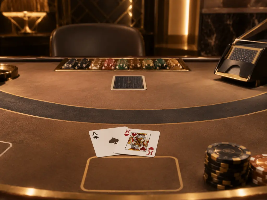 Kartu terbuka, sepatu kartu dan cip di meja blackjack