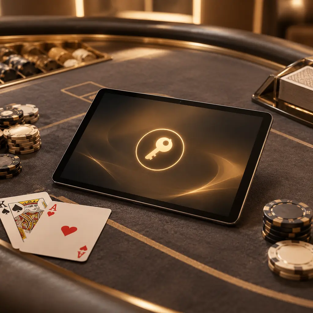 Tablet dengan lambang kunci di meja baccarat