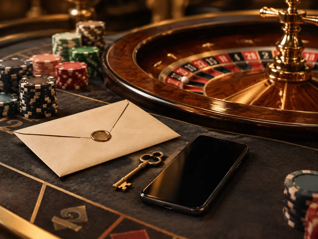 Kunci, amplop dan ponsel di tepi meja roulette