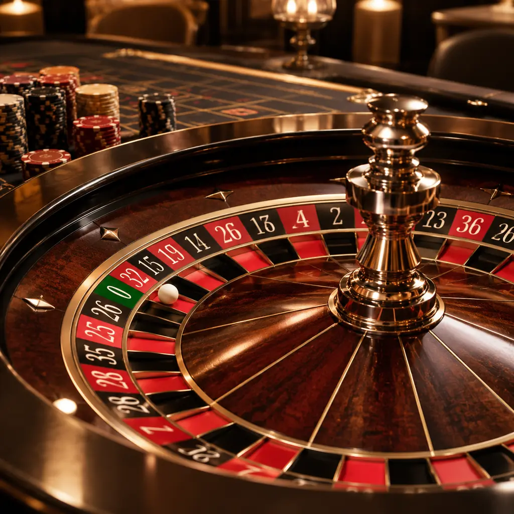 Roda roulette dan bola putih di atas meja kasino