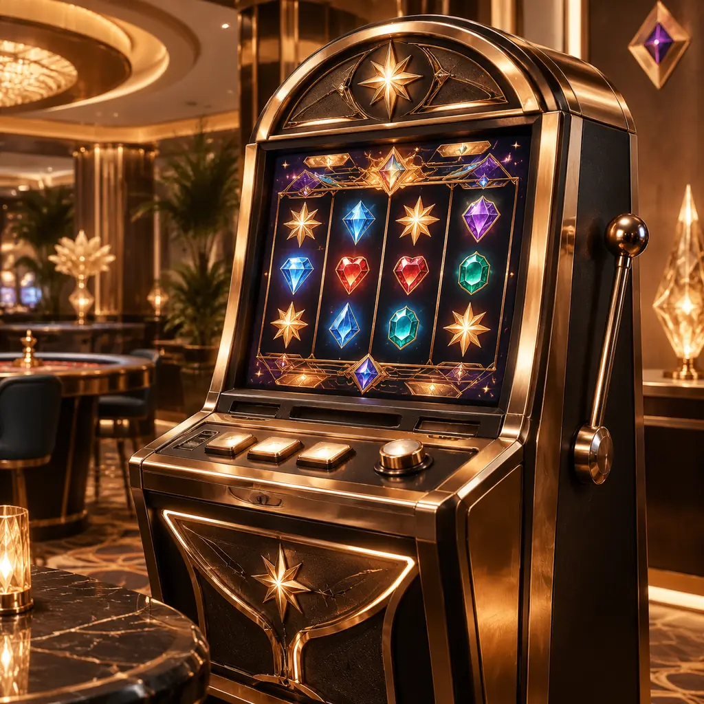 Kabinet slot dengan motif permata dan bintang di ruang kasino
