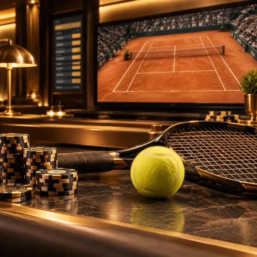 Bola tenis dan raket dengan layar sportsbook kasino